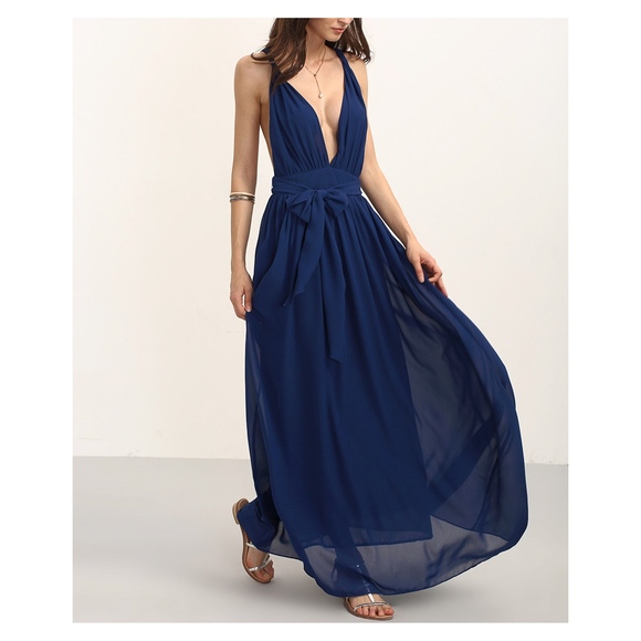 Blue Deep V Neck Chiffon Maxi Dress - Picture 2 of 5